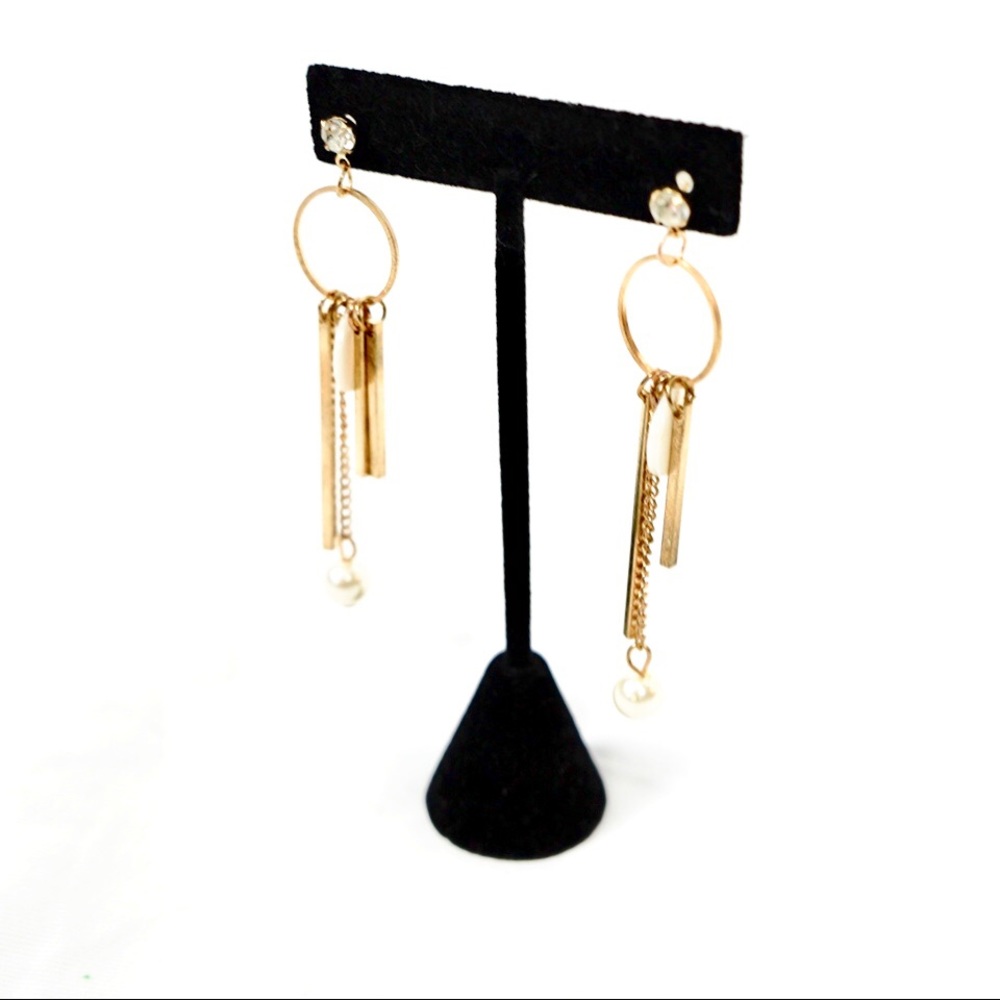 New 3” drop dangle gold earrings w/ pearls & bars